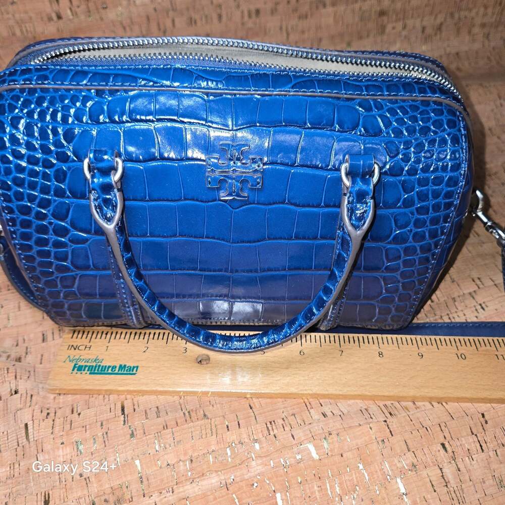 Tory Burch Amanda Mini Satchel Blue Croc-Embossed Leather Crossbody Bag - Picture 10 of 14